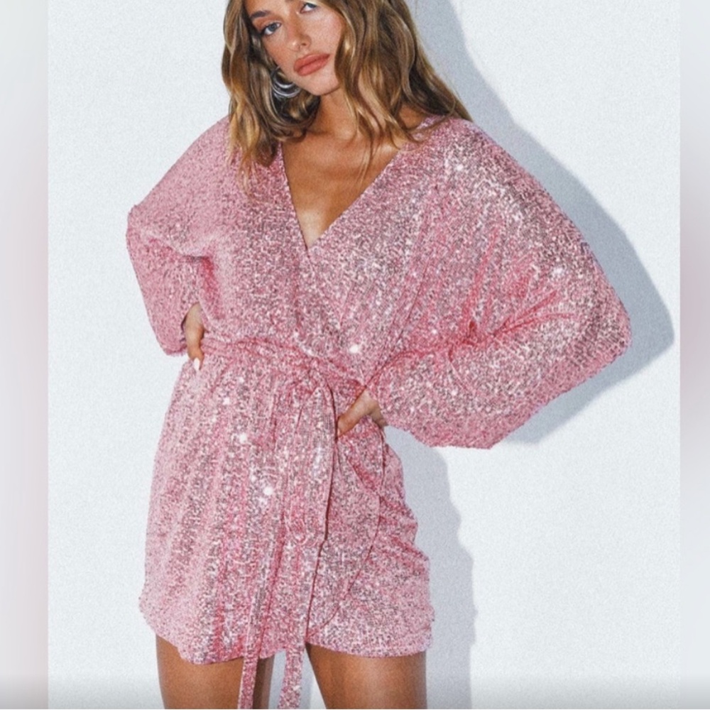 Pink Sequin Wrap Dress